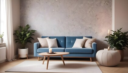 Scandinavian living room interior design zoom background,Doodle patterned wallpaper graphics