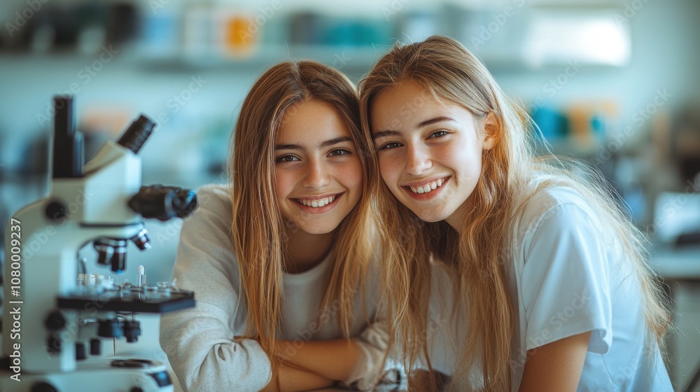 Aufkleber two smiling girls in a science lab with a microscope.
