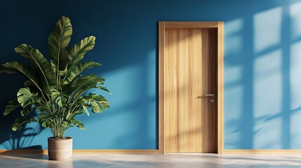 A vibrant blue wall is adorned with a lush indoor plant, adding a touch of nature to the interior. The contrasting hues create a striking and inviting atmosphere