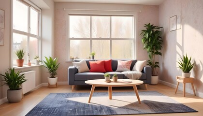 Fototapeta premium Scandinavian living room interior design zoom background,Doodle patterned wallpaper graphics