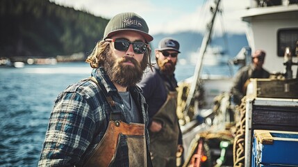 Obraz premium A bearded fisherman wearing a plaid shirt and leather overalls stands on a boat