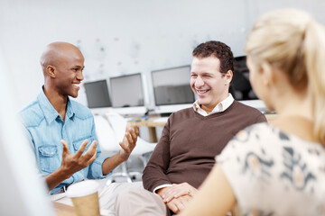 Explain, laughing and web development with business people in creative workplace for meeting. Collaboration, computer programming or training with funny man and woman employee in office together