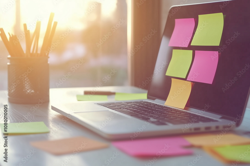Poster laptop with colorful sticky notes on it. the notes are in different colors and are scattered all ove