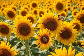 Obraz premium In vast sunflower fields pollinators like bees and butterflies c