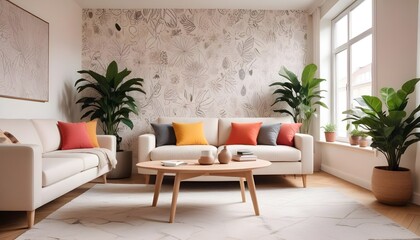 Scandinavian living room interior design zoom background,Doodle patterned wallpaper graphics