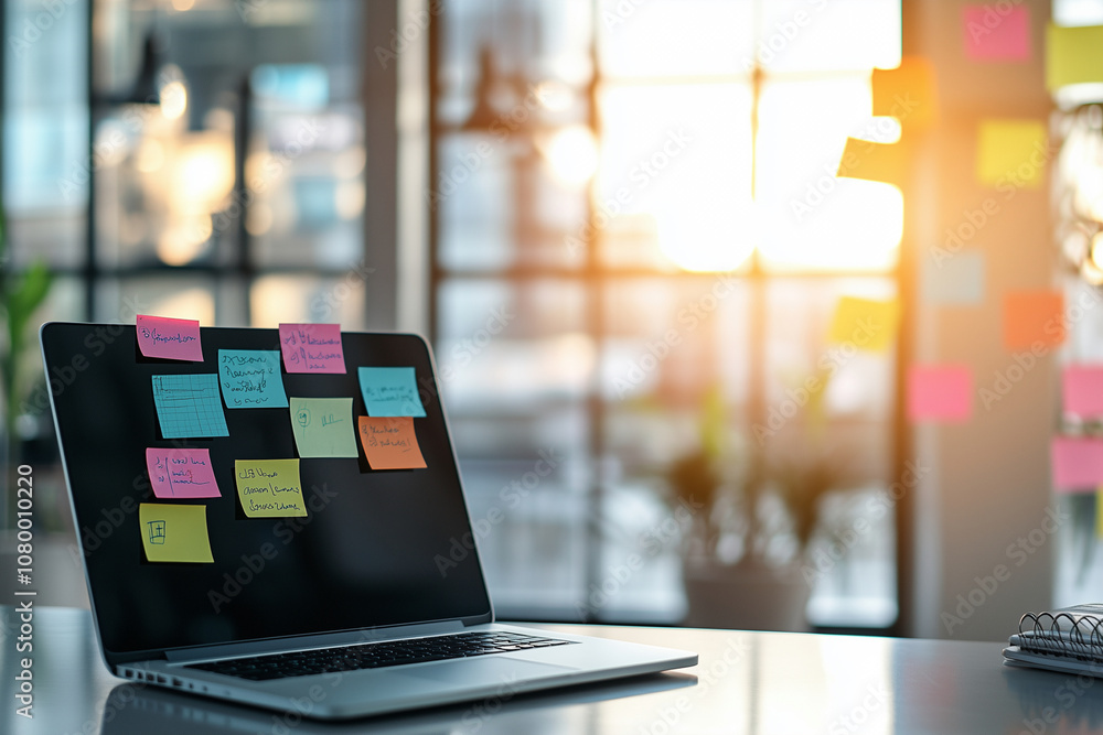 Poster laptop with a colorful sticky note on the screen. the sticky notes are in different colors and sizes