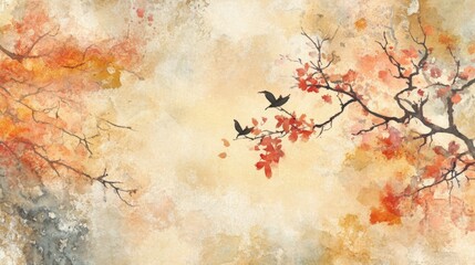 Watercolor Painting of Tree Branches with Red Leaves and Birds in Flight