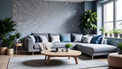 Scandinavian living room interior design zoom background,Doodle patterned wallpaper graphics