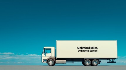 Truck crossing wide-open plain under bright blue sky, with "Unlimited Miles, Unlimited Service" on professional flyer.