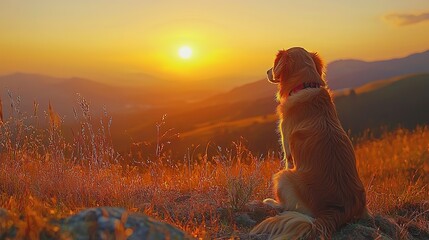 Obraz premium A serene sunset scene with a dog sitting on a hilltop, gazing into the horizon. The warm colors highlight the peaceful moment and the beauty of nature.