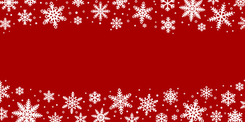 Red winter snowfall vector background, snowflake border design, festive holiday frame, greeting template design