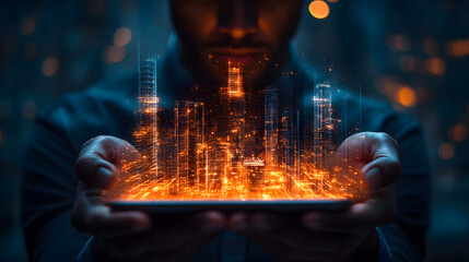 A businessman holding an iPad with holographic buildings on it, representing advanced technology.
