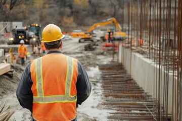 A structural engineer at a construction site inspecting and reviewing the foundation of a bridge, with concrete pillars, rebar structures, and large construction vehicles surrounding the build zone.