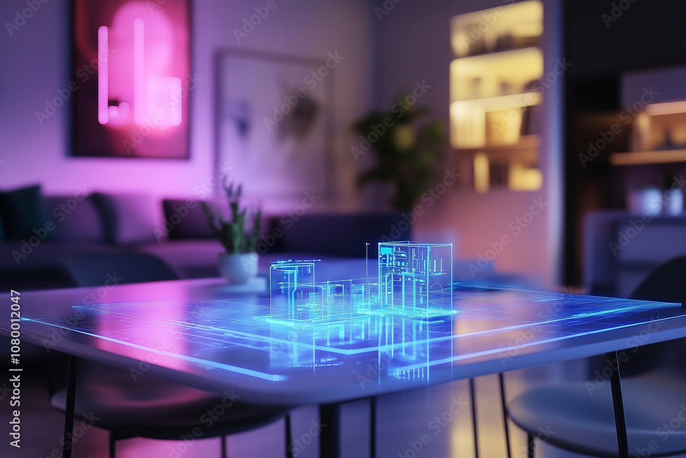 Poster table with a blue circle on it that has a city in the middle. the city is made of lights and is floa