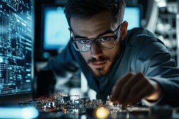 An electrical engineer carefully inspecting and working on intricate circuit boards, wiring connections, and electrical components in a modern tech lab with screens and equipment in the background.
