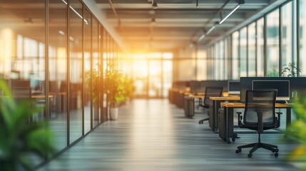 A well-lit modern office space featuring contemporary furniture basks in natural light. The background is intentionally blurred to emphasize the foreground elements. 