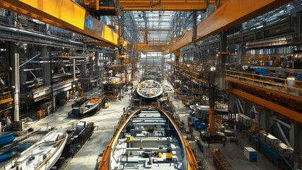 Panoramic view of a bustling shipbuilding production line, with crane systems above moving large hull sections and teams working on various ship modules.