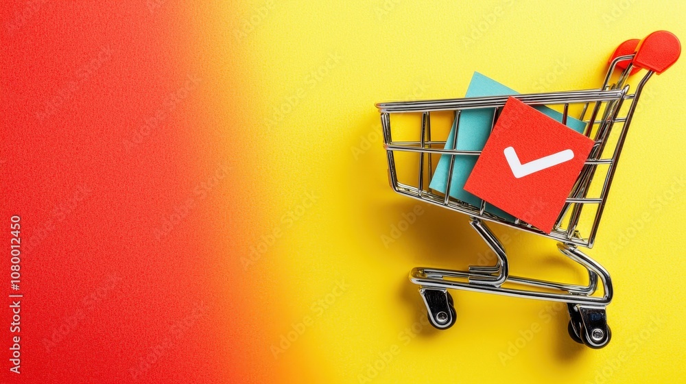 Poster shopping cart with discount symbol at center for a website isolated random pastel color background