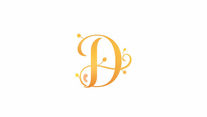 A golden letter D with a flourish and small yellow flowers, isolated on a white background. This design is elegant and stylish, making it perfect for a logo or branding.