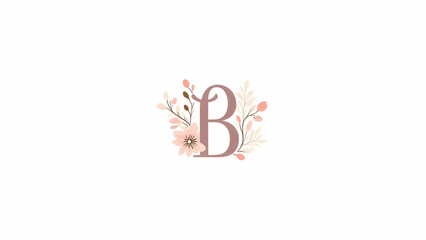 Fototapeta premium The letter B is surrounded by pink flowers and leaves, creating a floral design on a white background.