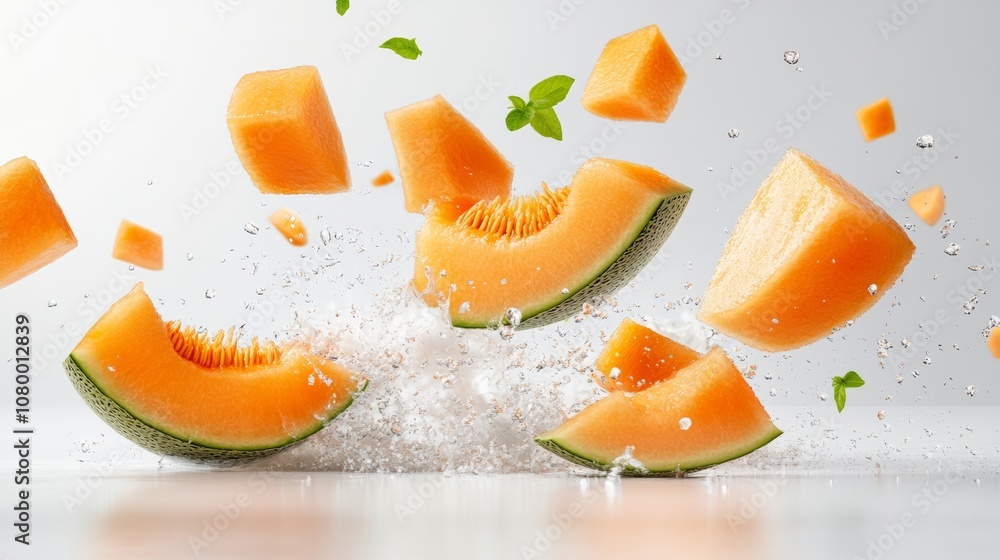 Poster close up of a melon with the rind and seeds removed. the melon is sliced into pieces and is falling 