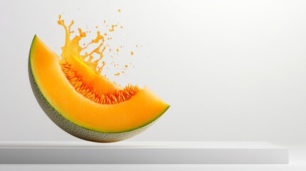 Slice of cantaloupe is shown with a splash of orange juice. Concept of freshness and vitality, as the fruit is ripe and juicy. The orange juice adds a pop of color