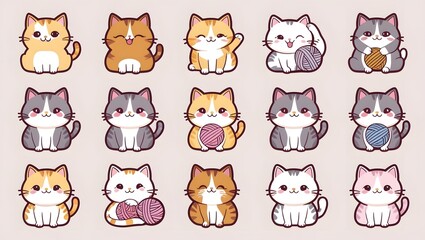 Cute Cartoon Cats Collection: Adorable Kittens in Various Poses with Yarn Balls