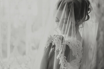 A woman is wearing a veil and a veil is covering her face. The veil is white and the woman is standing in front of a window