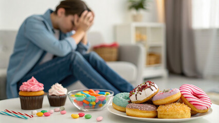 Sad person surrounded by sugary foods, reflecting the struggle between indulgence and emotional well-being, highlighting the complexities of comfort and self-care.