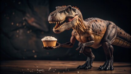 Dinosaur holding a cupcake fantasy scene for whimsical decor and creative design