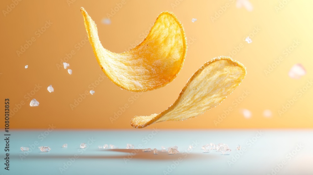 Poster close up of two potato chips with salt on them. the chips are flying through the air, creating a sen