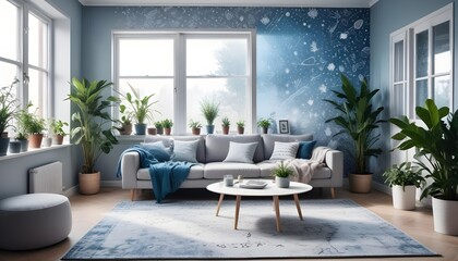 Scandinavian living room interior design zoom background,Doodle patterned wallpaper graphics