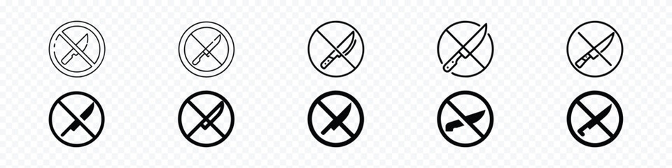 Forbidden knife Prohibited Warning, No Knife or No Weapon Sign. No weapon allowed symbol. Knife cross out. Knife ban sign. No Knife sign. Prohibition signs set. Dangerous weapon.