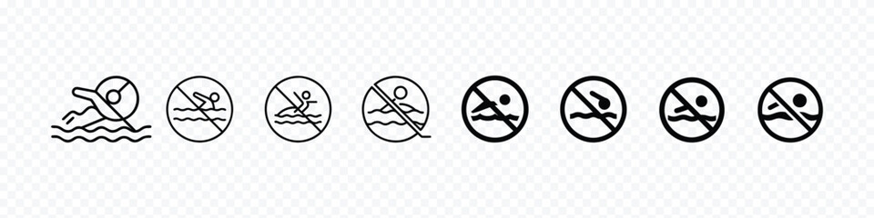 No Swimming Sign Line Icon. Water Safety Alert icon, No Swimming Sign Line Icon Set. Swim don't allow icon vector isolate transparent background