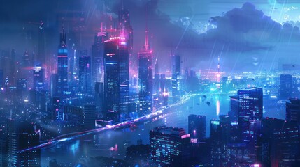 Obraz premium A vibrant, futuristic cityscape illuminated by neon lights reflecting on water.