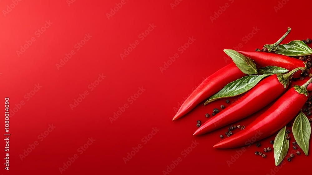 Poster red background with three red peppers and a green leaf. the peppers are arranged in a way that they 
