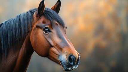 Fototapeta premium A close-up portrait of a brown horse against a blurred background.