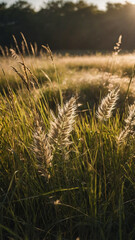 Fototapeta premium Golden Hour Glow: A Close-Up of Sunlit Grass and Pampas in Nature's Field Wallpaper