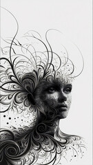 Fototapeta premium A striking artwork of a human face formed from intricate, swirling fractal black lines and dots