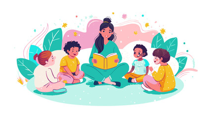 Enchanting Storytime: Teacher Reading to Engaged Children Outdoors