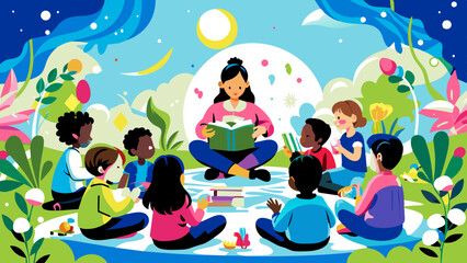 Diverse Children Enjoying Story Time in a Colorful Outdoor Setting
