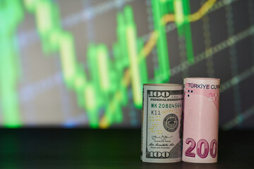 100 dollars macro shot. Turkish money lined up behind it (100 -200-50 TL)