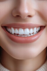 Fototapeta premium A close-up view of a person's radiant smile reveals well-fitted dental implants, highlighting the natural appearance and alignment of their teeth