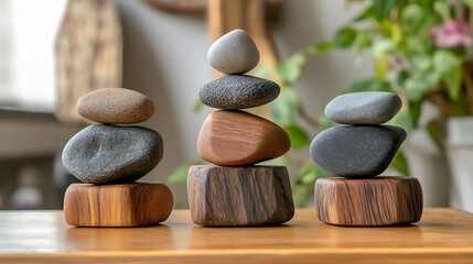 Three rock stacks on wooden bases, one higher than the others.