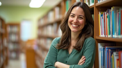 A teacher smiles while leaning against a bookshelf in a classroom, representing approachability, encouragement, and the warmth educators bring to foster student confidence