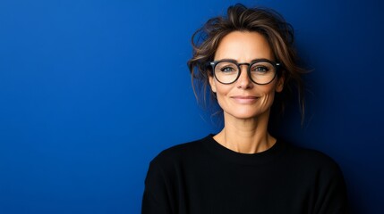 Fototapeta premium Woman wearing glasses and a black sweater is smiling at the camera. She looks happy and confident