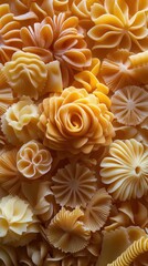 A vibrant collection of decorative pasta shaped like flowers and intricate designs. Ideal for food photography and culinary art.