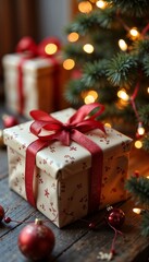 Beautifully wrapped gift box adorned with red ribbon and festive decorations beside a Christmas tree