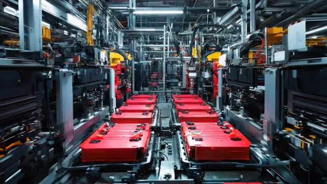 Panoramic view of an advanced car battery production facility, with automated machinery in the upper section working on battery assembly