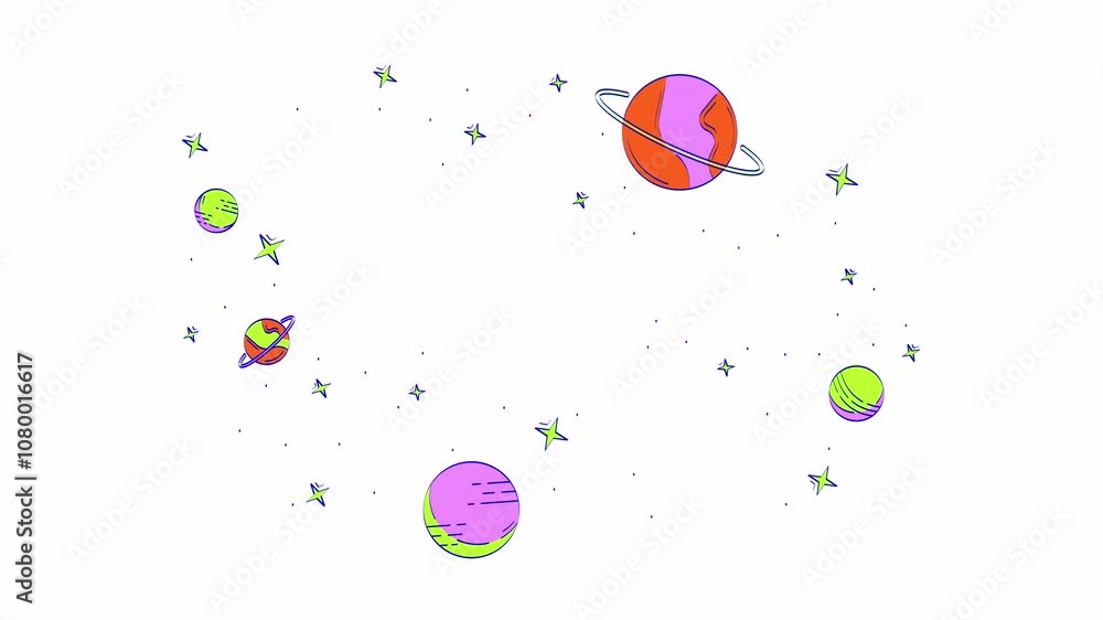 Poster floating planets and blinking stars in outer space 2d object doodle animation. deep cosmos cartoon 4